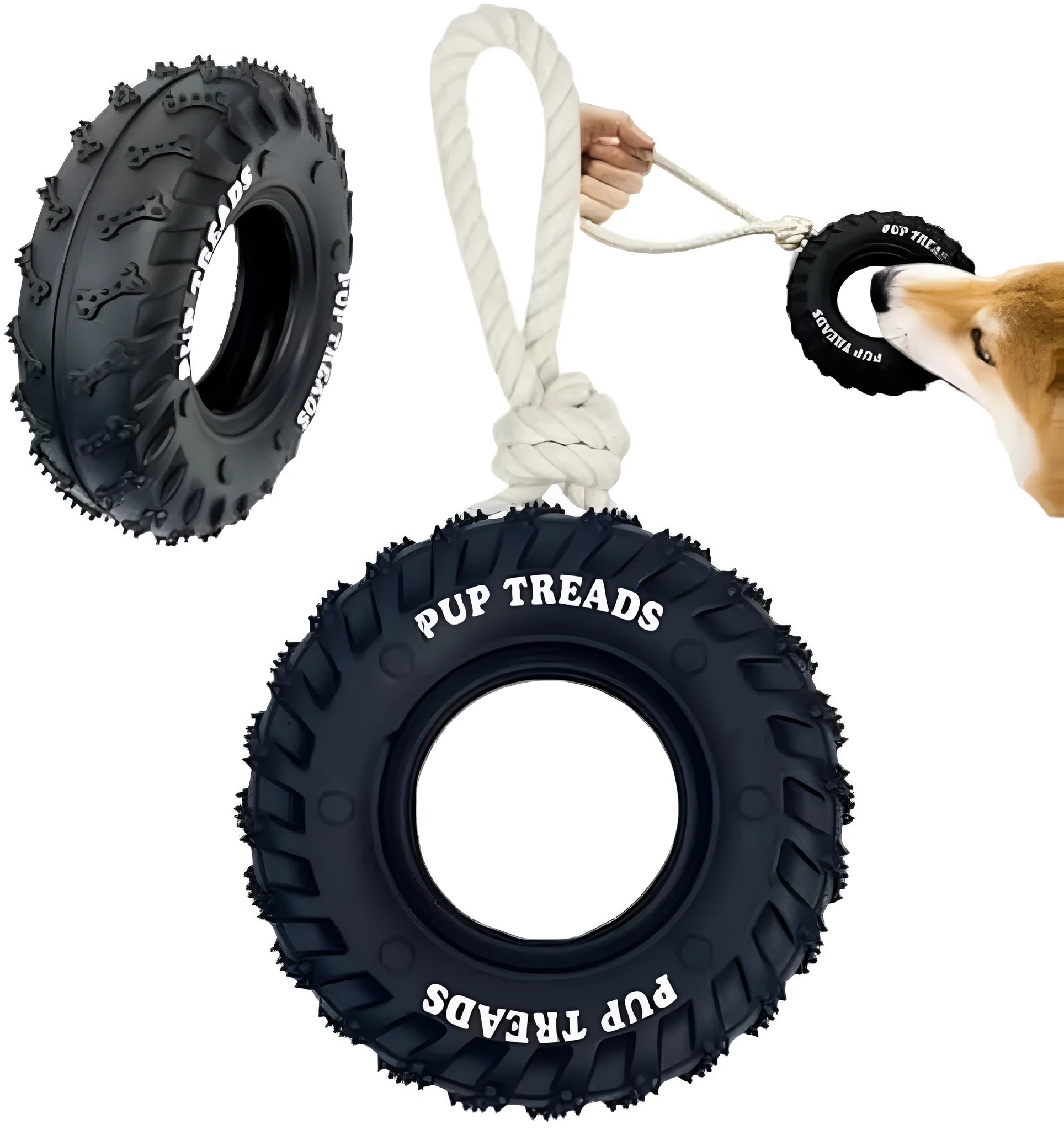 Durable natural rubber dog chew toy for aggressive chewers, tire design, large 35cm size, black