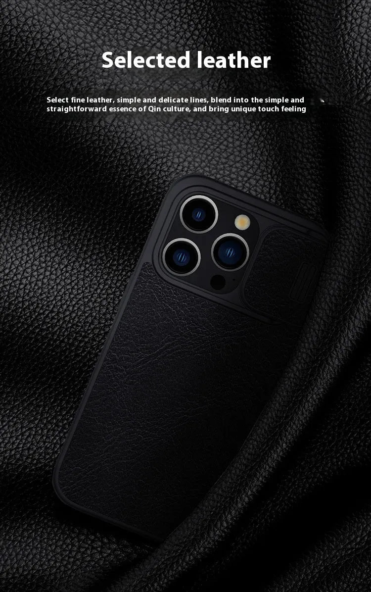 PRO imitation leather flip phone case for iPhone 15 models in black, brown, or red.
