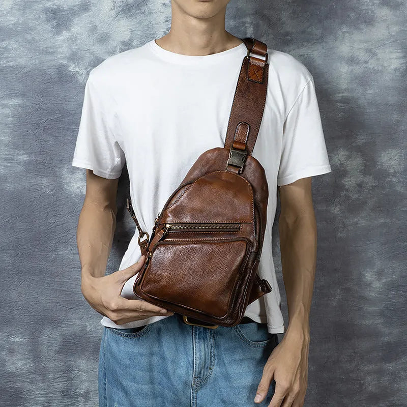 Men's genuine leather retro hand-rubbed crossbody messenger bag 8 inch large capacity black colour