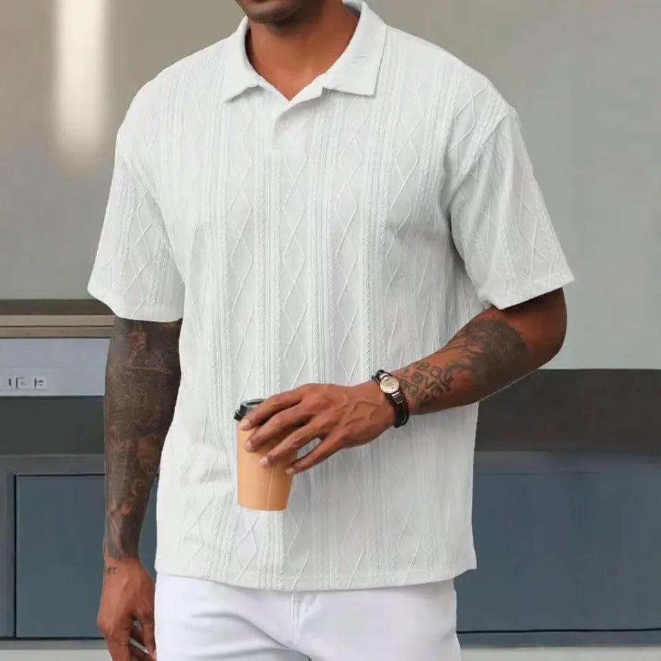 Retro button lapel short sleeve t-shirt in a cotton blend fabric, shown in army green colour