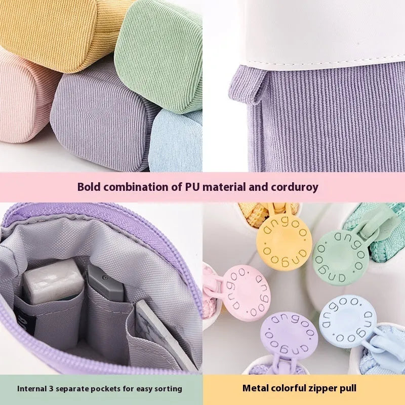 Korean style telescopic drop-down stationery case in coloured PU corduroy on a cotton and linen base.