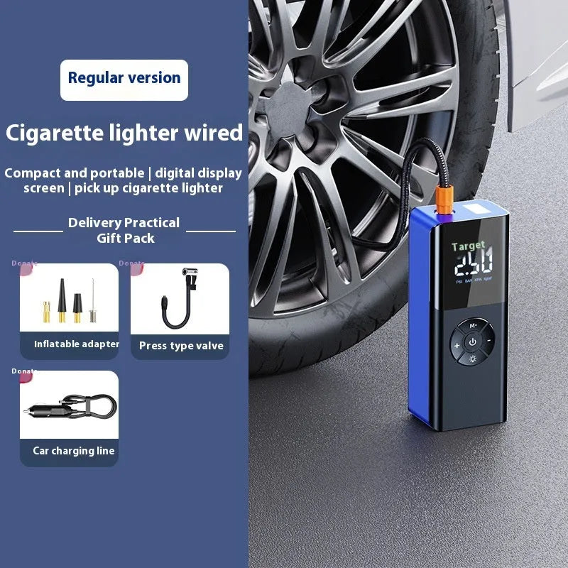 Blue wireless portable car tyre inflator with digital display and warning light