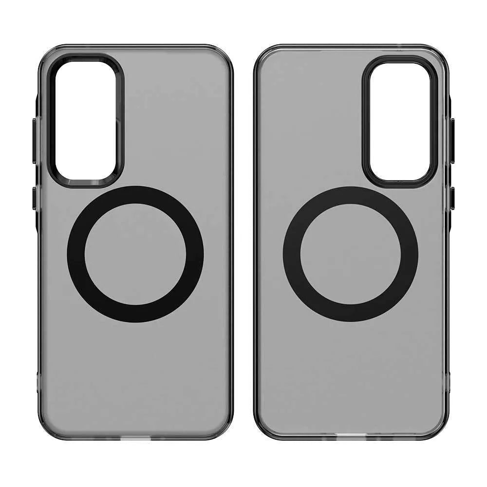 Front view of Samsung Galaxy S25 frosted matte magnetic phone case in black with built-in kickstand