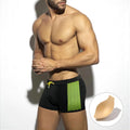 Polka dot print swimming boxers in quick-dry nylon shown in yellow, black, and dark blue colour options.