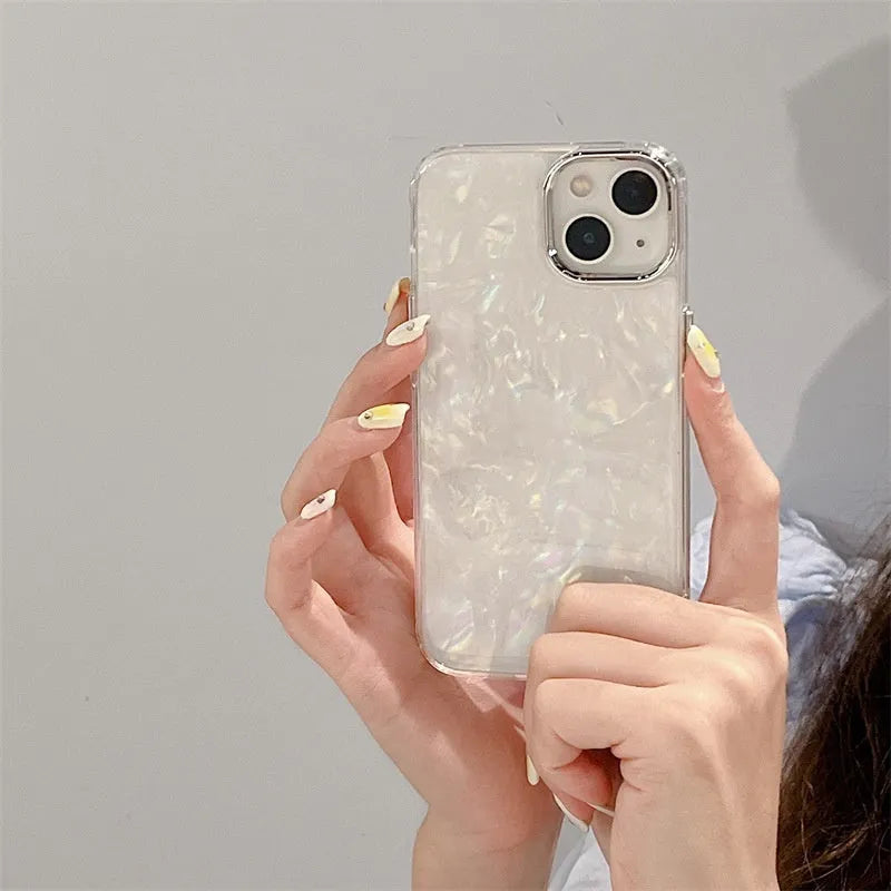 Fantasy shell pattern TPU phone case with epoxy finish for iPhone models, white colour option shown