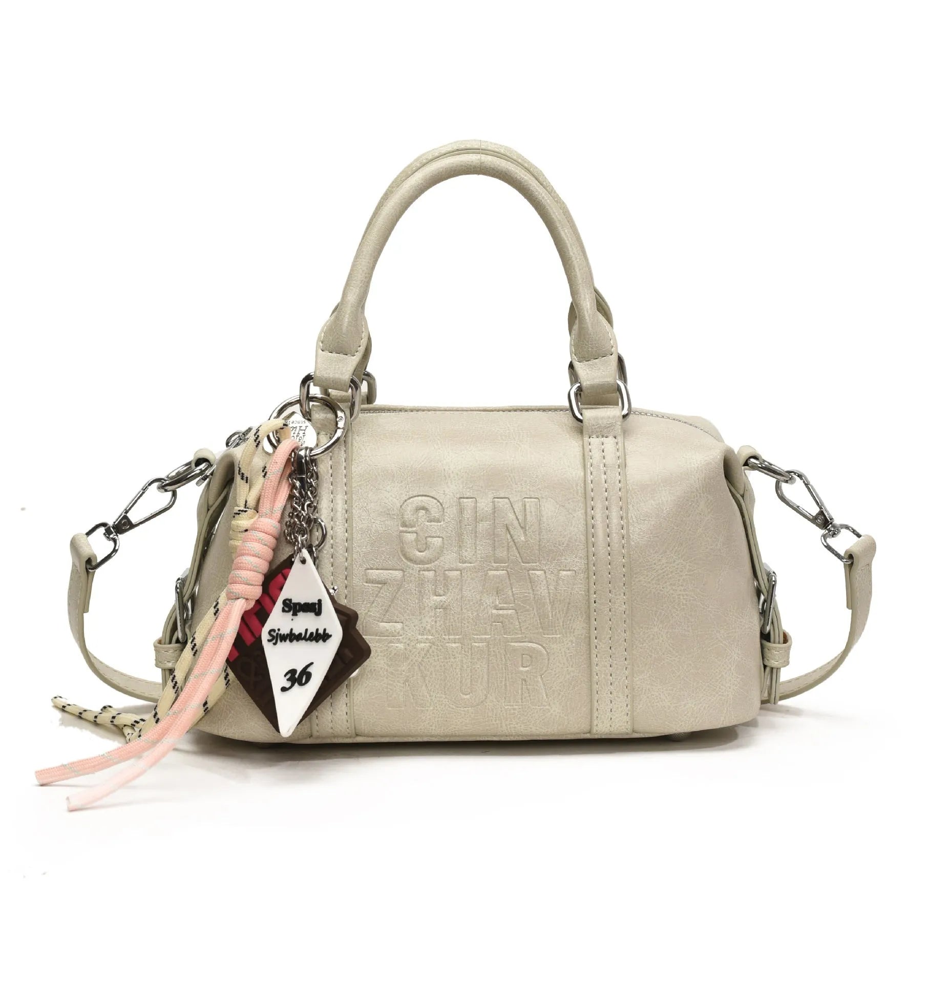 Retro PU messenger bag in beige with pendant, crossbody style, internal phone pocket