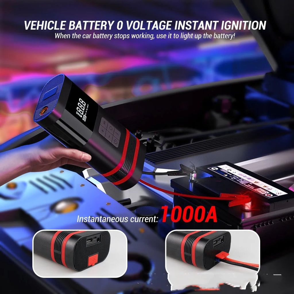 Black automobile emergency start power bank with 100W output for jump-starting vehicles