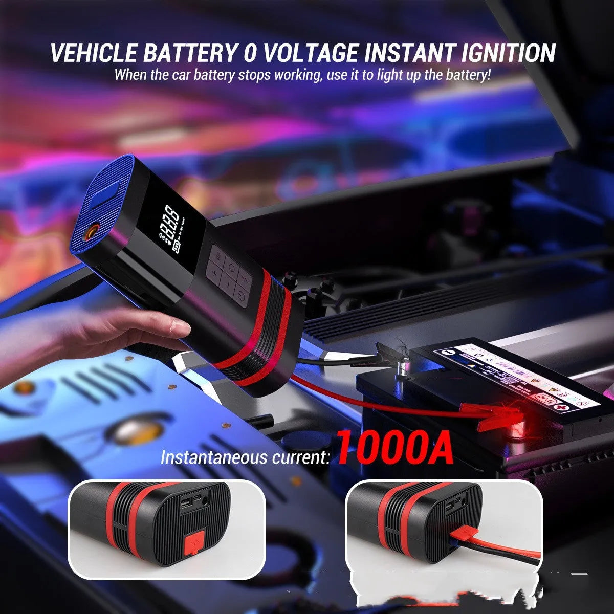 Black automobile emergency start power bank with 100W output for jump-starting vehicles