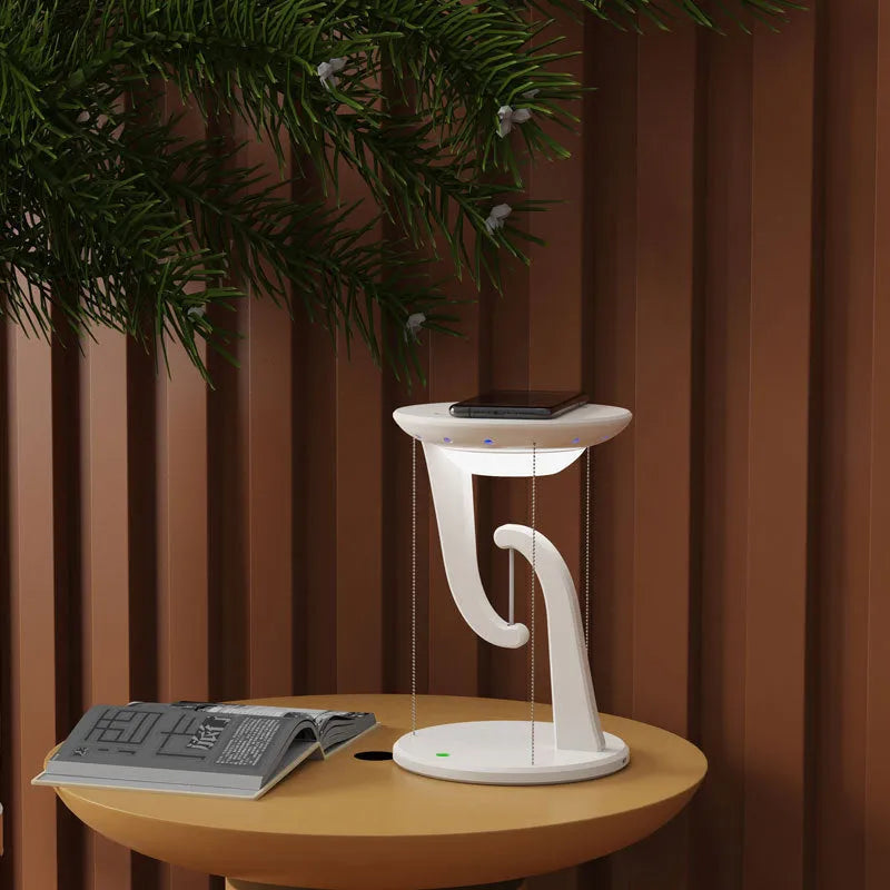 Creative Smart Wireless Phone Charger Suspension Lamp in white with phone placed on charging base, USB power cable visible, 160x230mm size