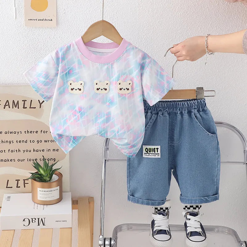 Baby suit three bear short sleeve two-piece set in cotton green colour for 80-130cm height