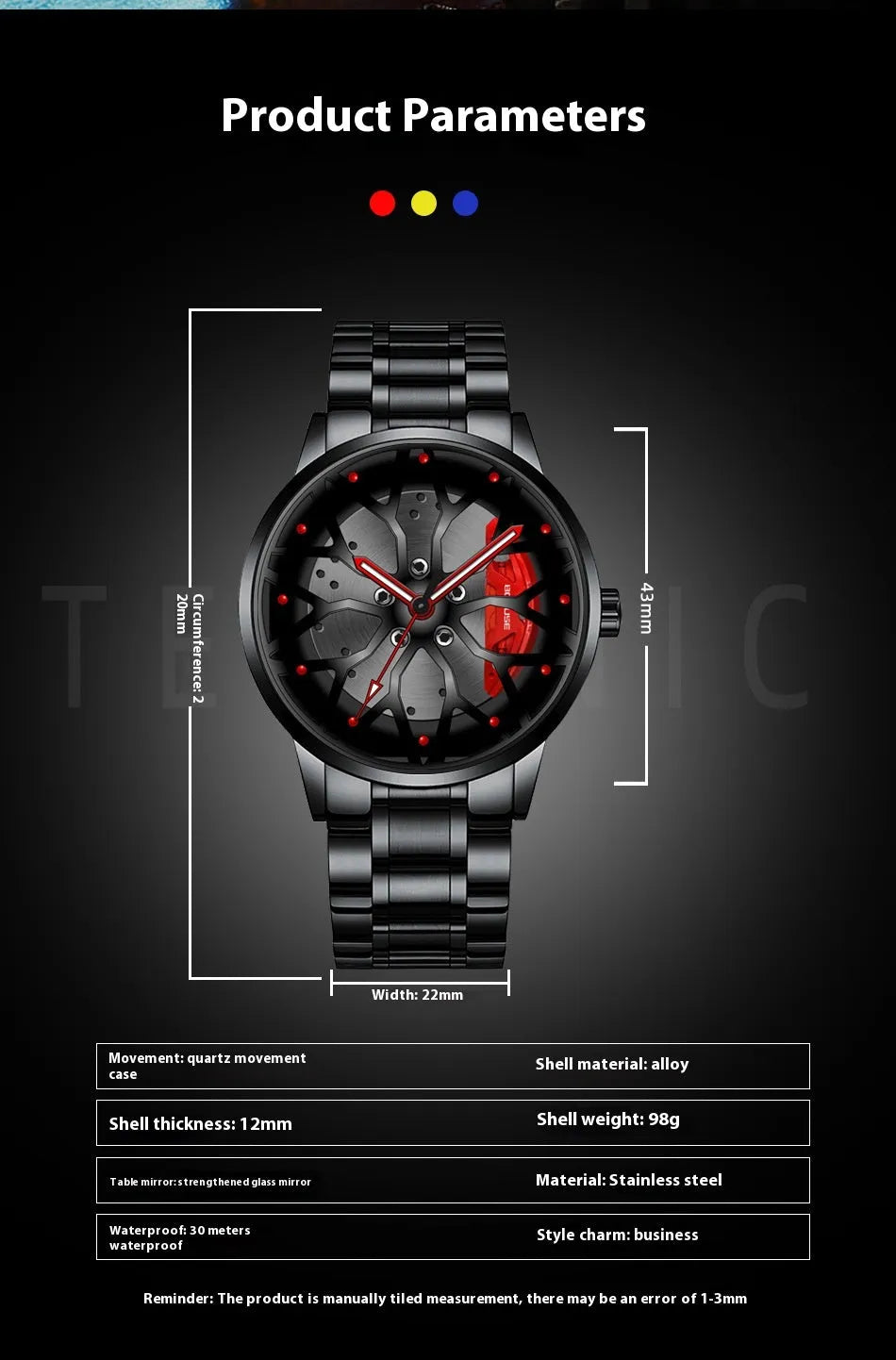 Men's waterproof luminous quartz watch with black steel red colour and 12mm stainless steel case on a white background