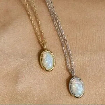 Oval geometric jelly opal pendant necklace with silver plating in gold or white gold colour.
