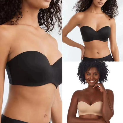 A seamless, invisible bra with removable push-up cups and a steel ring for added support and lift