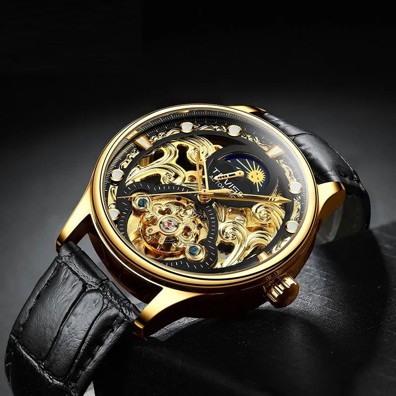 Men's gold and white leather strap automatic waterproof business watch with 16mm case