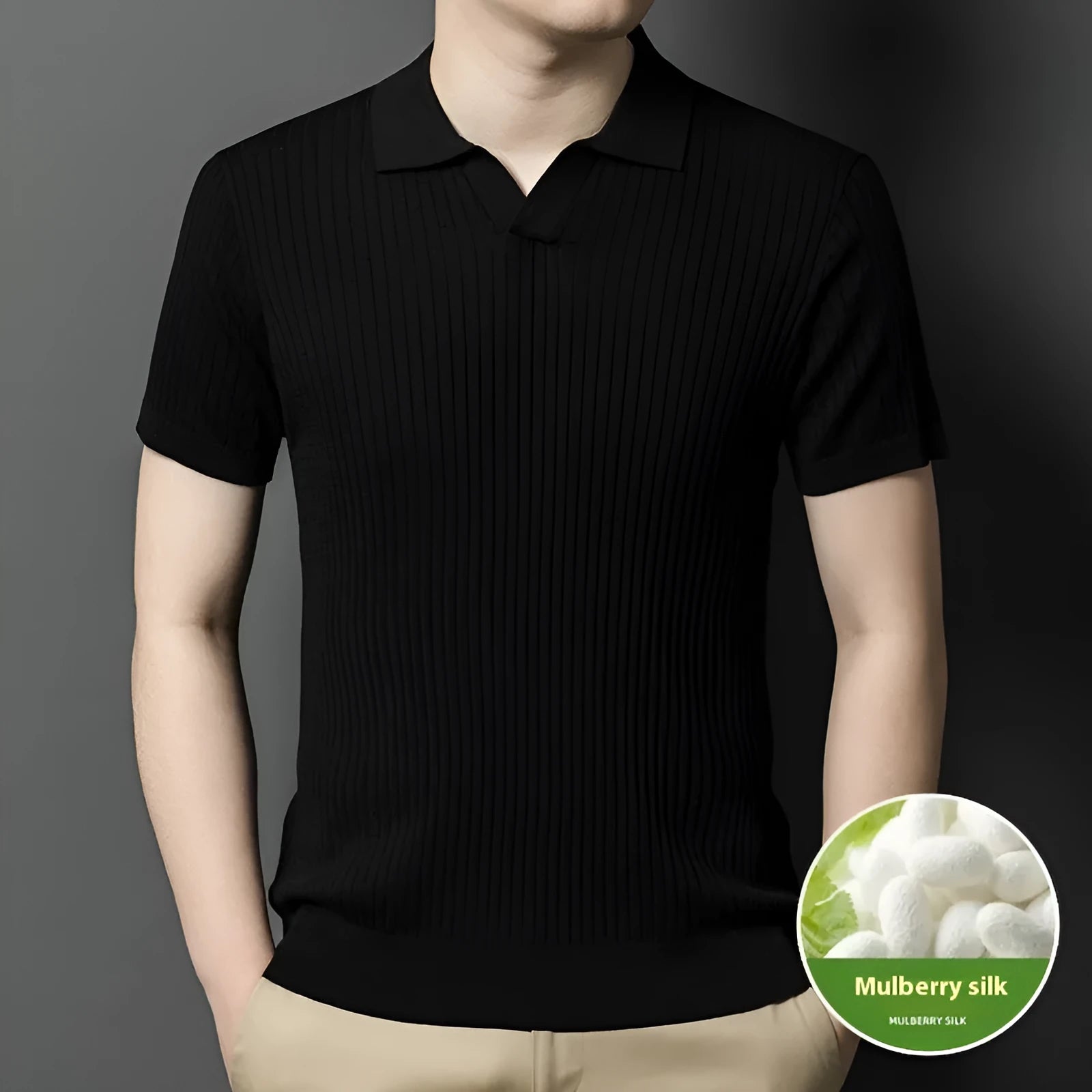 Men's striped mulberry silk T-shirt with lapel design in multiple colour options