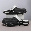 Men's grey closed toe beach slippers with a grid pattern design and a flat sole.