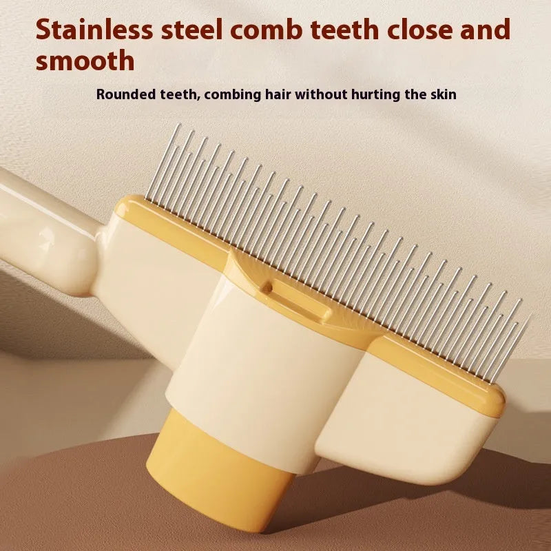Green self-cleaning pet comb with release button and stainless steel teeth for dog and cat grooming
