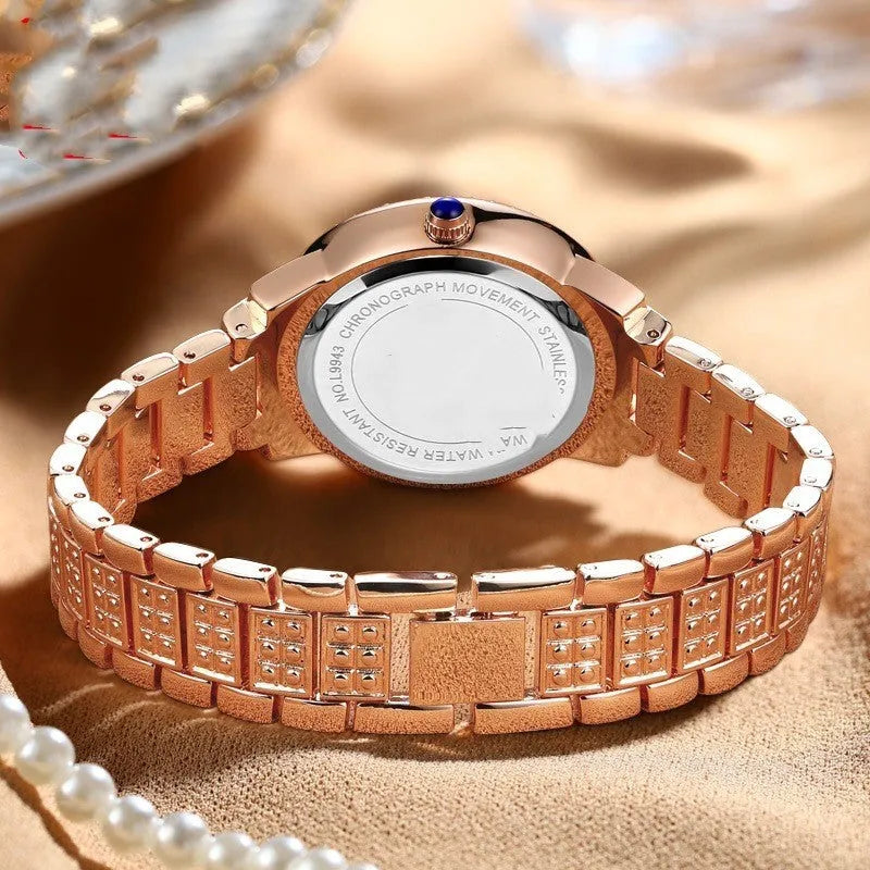 Ladies quartz watch with 32mm dial, steel belt, stainless steel butterfly clasp, Roman or diamond face