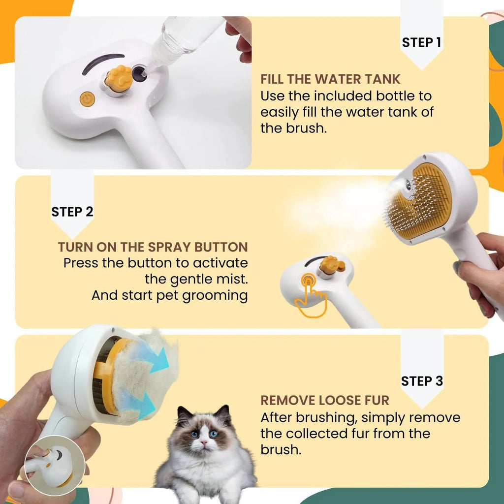 White pet grooming water brush with steam spray function for dogs and cats showing self-cleaning mechanism