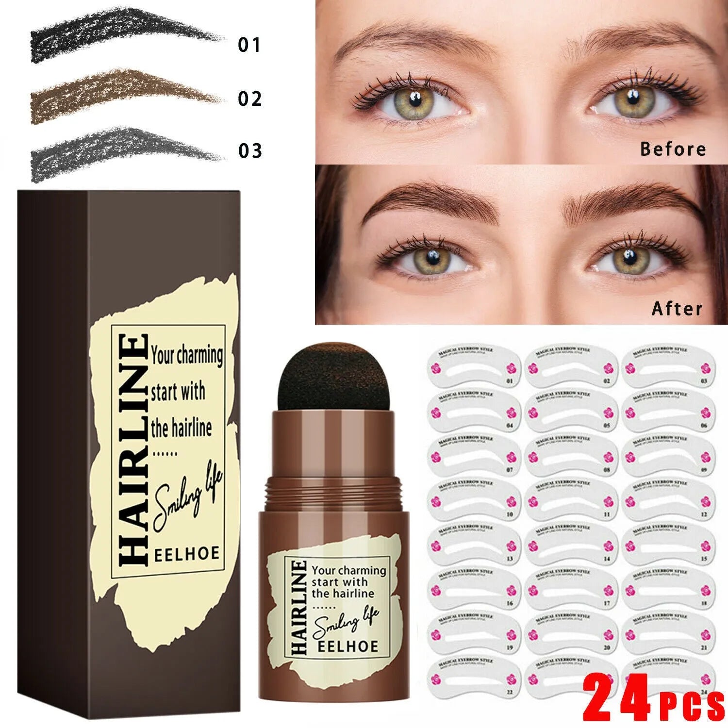 Eyebrow stamp stencil kit with 24 reusable cards, airbrush stamp, and long-lasting waterproof powder for natural brow shaping