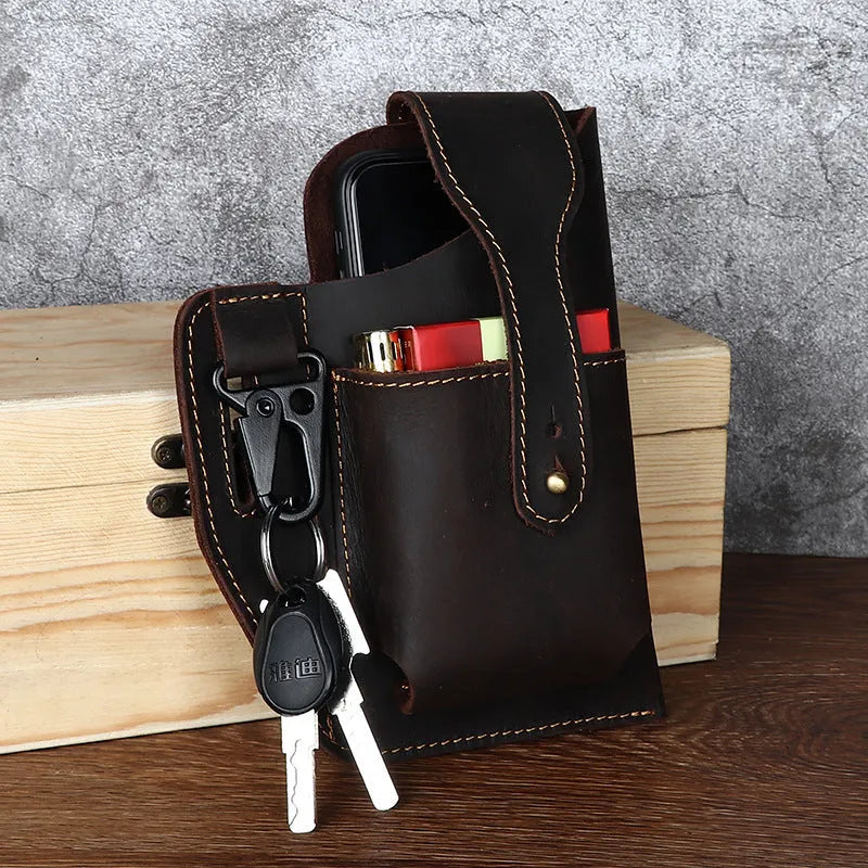 Men's retro leather phone hanging belt bag in cowhide leather with car suture detailing