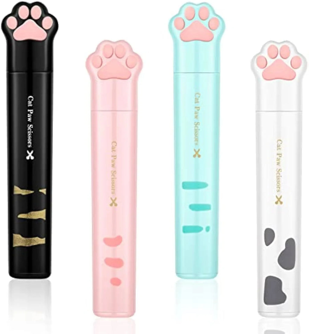 Small folding cat paw mini scissors with stainless steel blade in pink, white, black, and blue colour options.