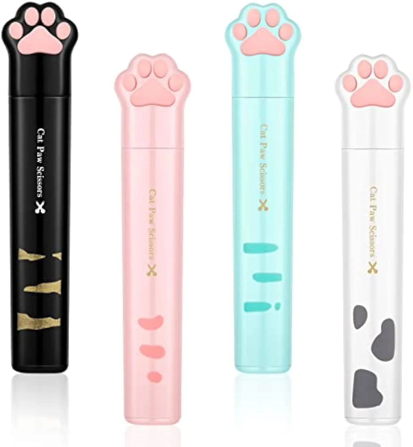 Small folding cat paw mini scissors with stainless steel blade in pink, white, black, and blue colour options.