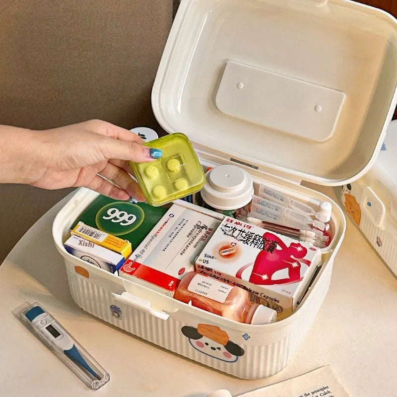 A white double-layer plastic storage box with a set of large, medium, and small stickers for labelling.
