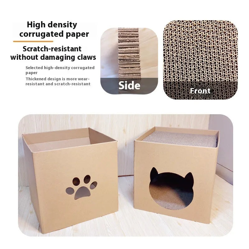 Square corrugated paper cat scratch board with built-in box house in pet milk carton colour