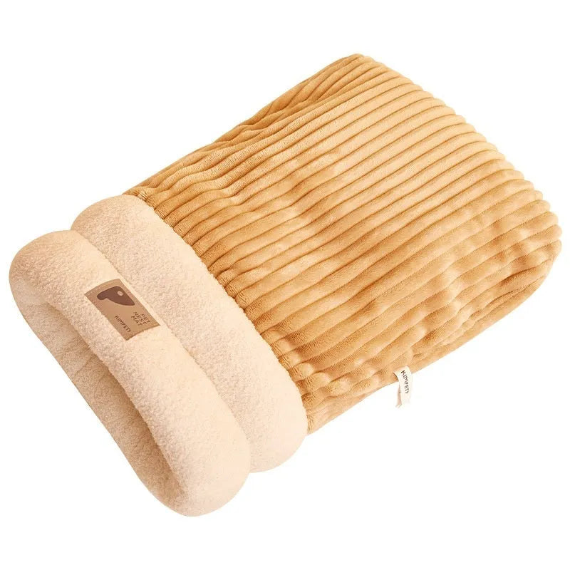 Brown semi-enclosed pet sleeping bag with plush interior for cats and dogs