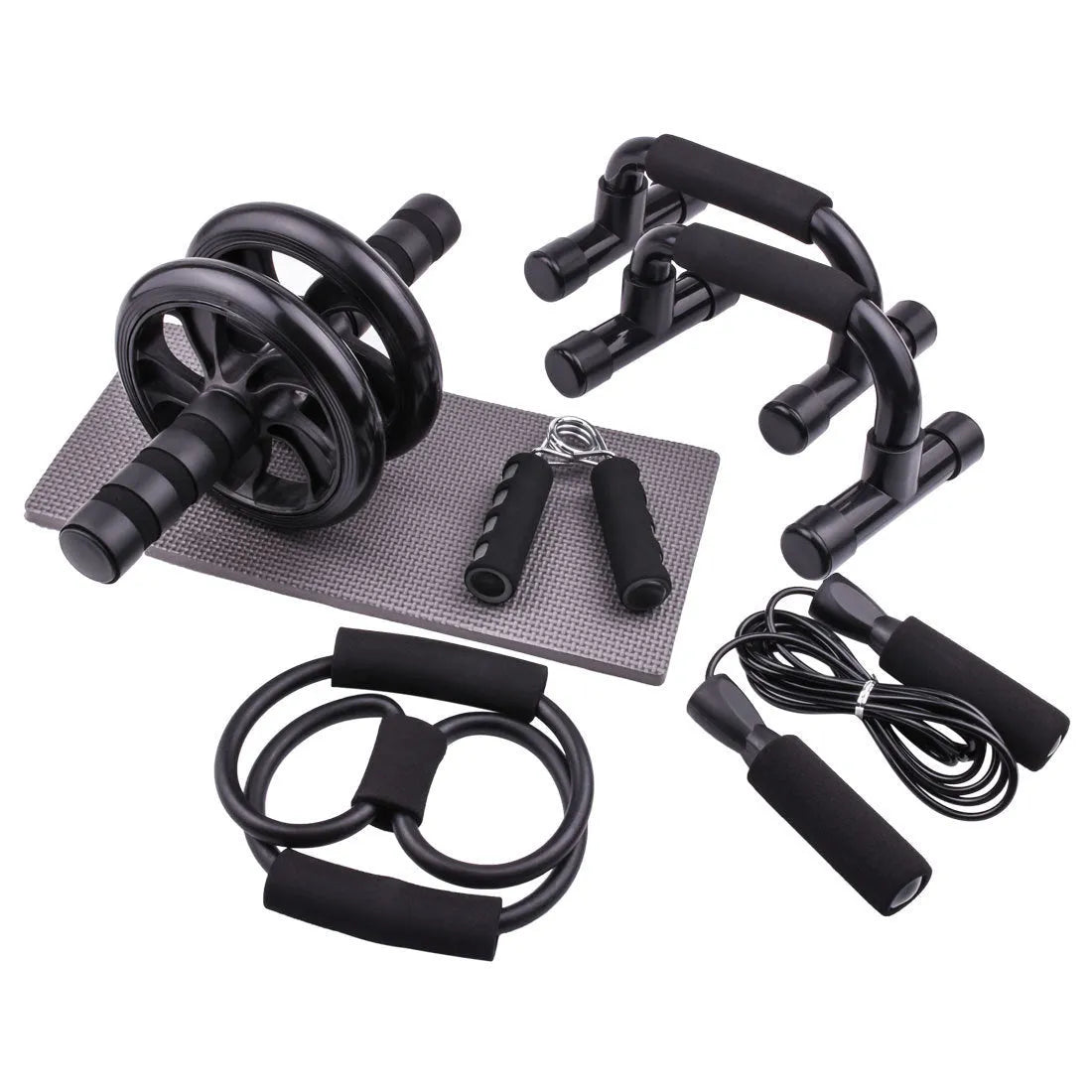 Set of seven abdominal wheels with dual handles in red, green, black, and blue colours for home fitness training.