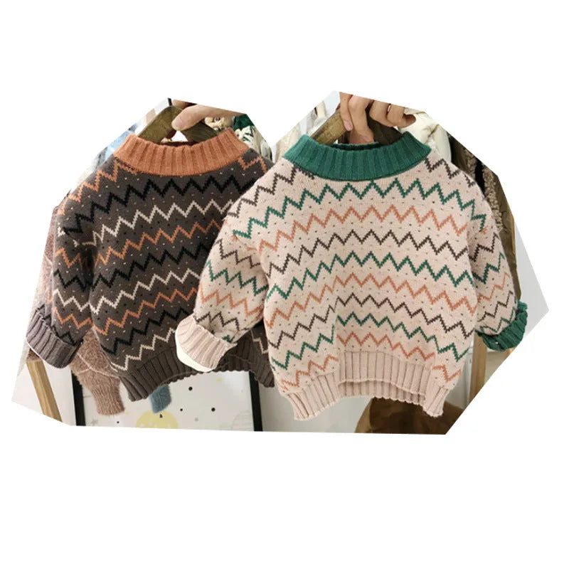 Korean style children's wool sweater in brown colour with long sleeves on hanger