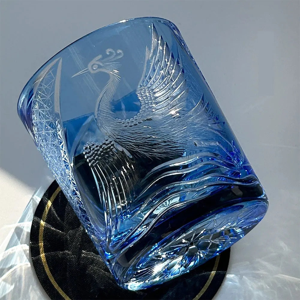 Crystal glass hand carved whiskey shot glass in crane water blue sky blue colour 90x100mm