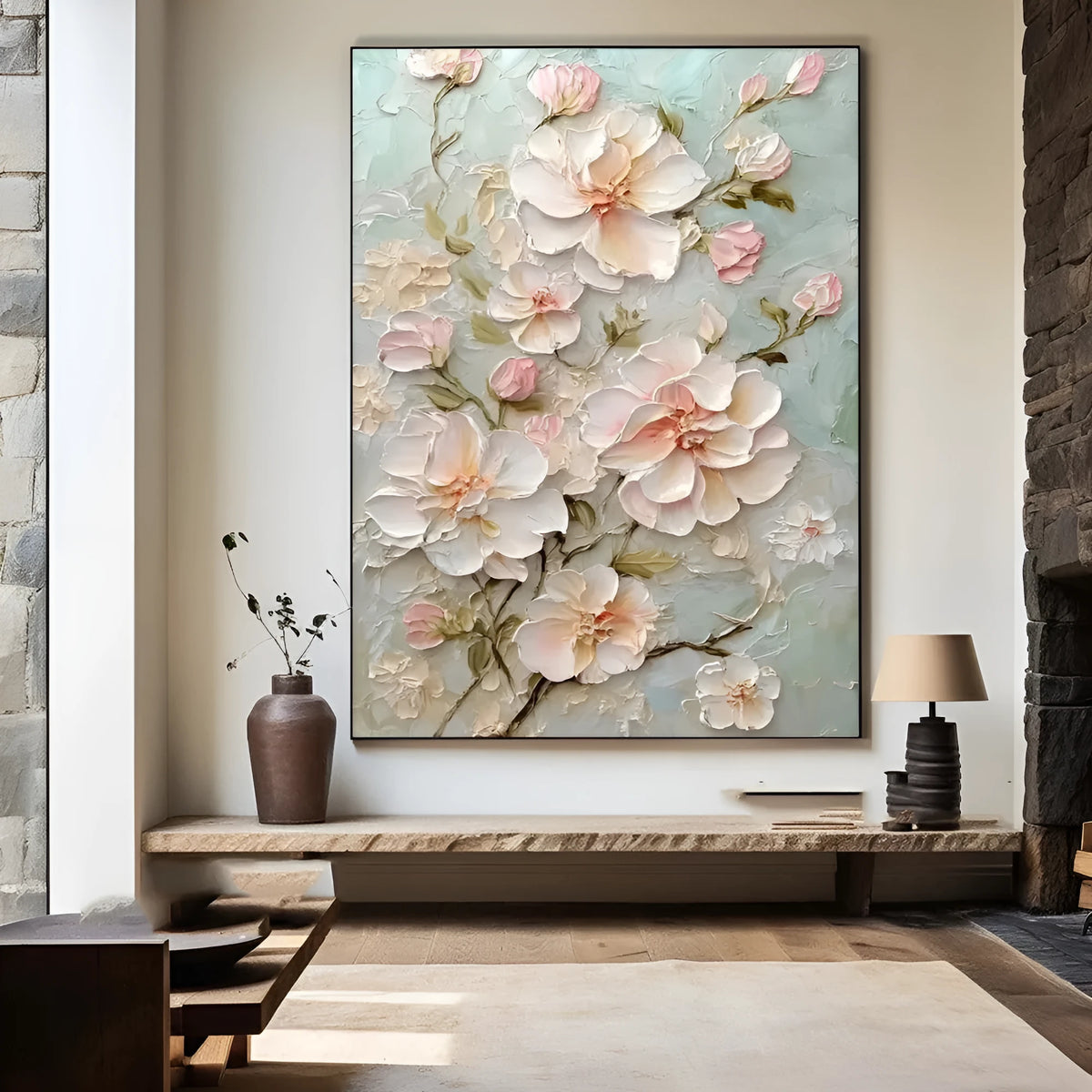 Handmade flower oil painting on canvas, vertical modern floral wall art, unframed one-panel design for living room decor