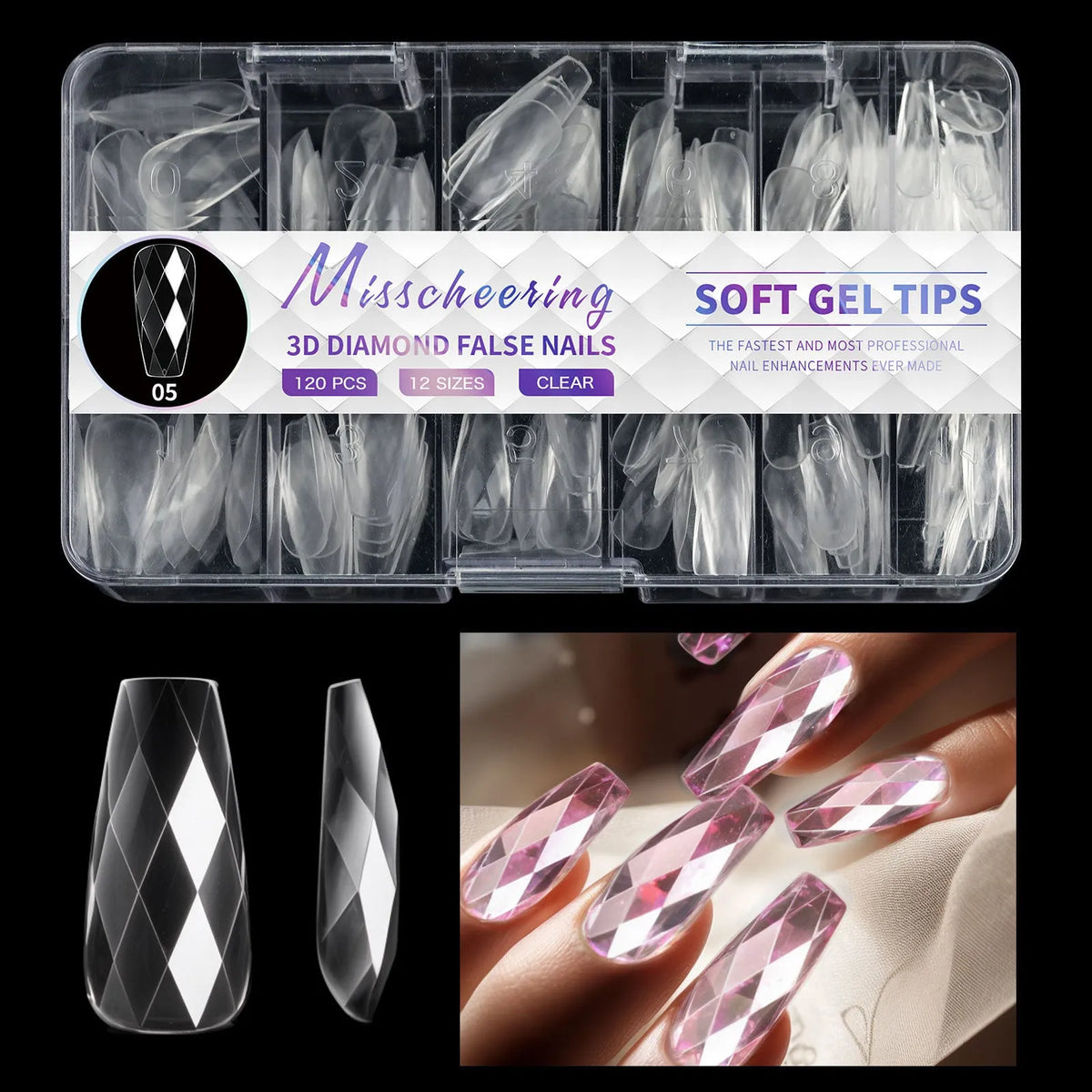 Set of 3D diamond texture long artificial nail tips in various colours from Diamond Nail collections.