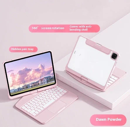 Versatile 360-degree swivel keyboard case with transparent backplate, scissor-style keys, and integrated trackpad for iPad