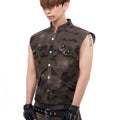 Men's denim vest and camouflage trousers two-piece set with semi-high collar and single-button fastening