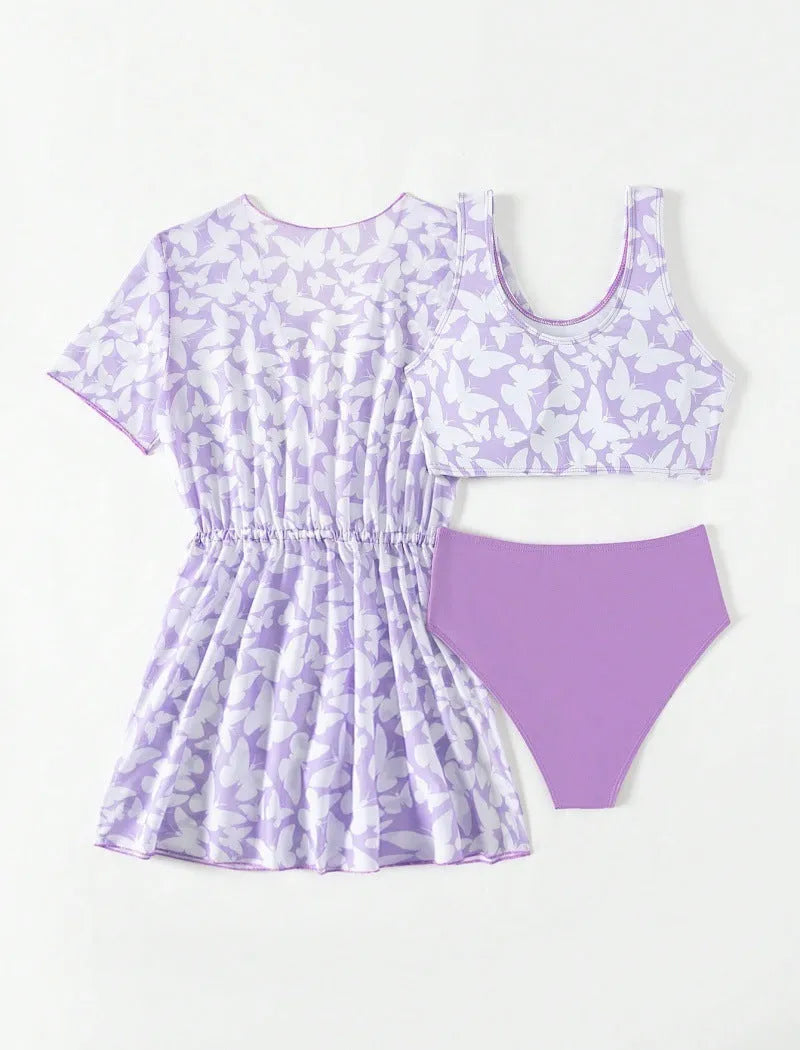 Three-piece polyester swimsuit set for girls aged 8-12 in colour 3218 with coat, vest, and pants