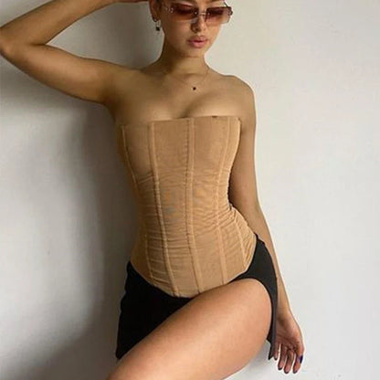 Sleeveless mesh crop top in black, khaki, and white colors, featuring a unique design with a cropped fit and breathable fabric