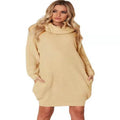 Ladies' mid-length pullover sweater with pocket in imitation cashmere fabric
