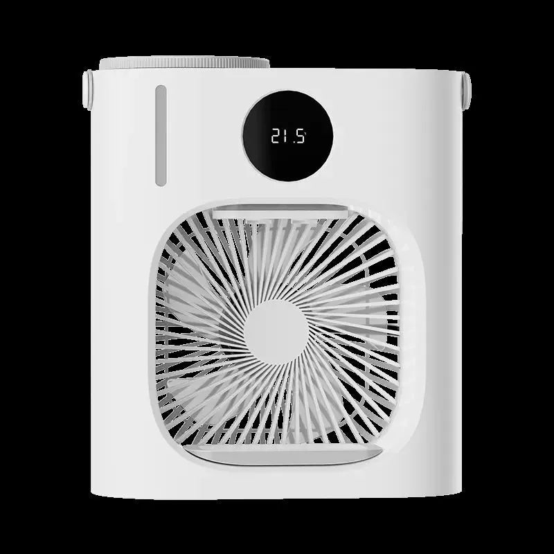 White USB refrigeration air conditioner fan with screen display and button control on a desk