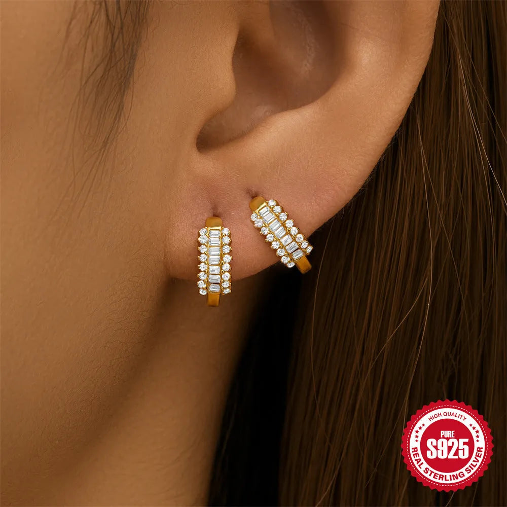 Sterling silver geometric stud earrings with small diamond eardrops in gold or silver electroplated finishes