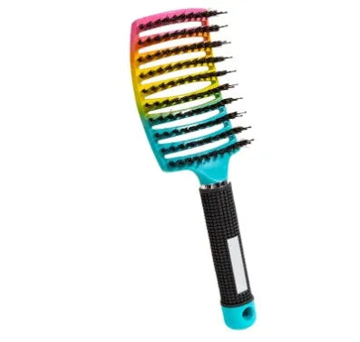 Hairbrush with bristle and nylon teeth, arched design, and non-slip rubber handle in black, white, pink, red, purple, and golden black options