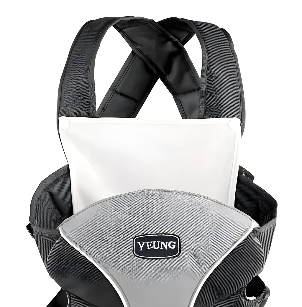 Double-shoulder baby carrier in red colour showing front-facing infant carrying position