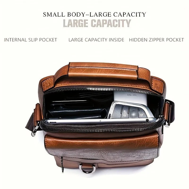 Brown men's PU leather crossbody shoulder bag with adjustable strap, top handle, multiple pockets, and card holder wallet.