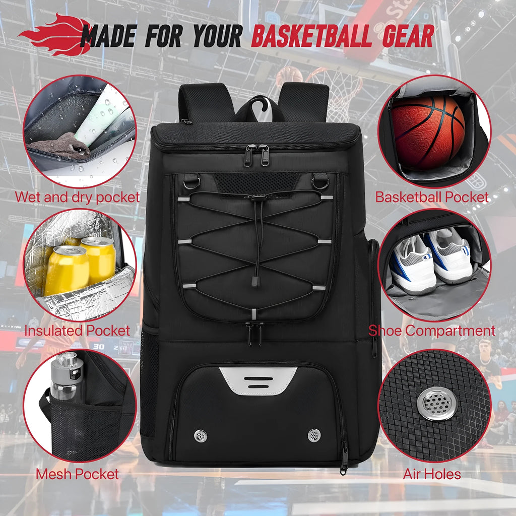 Black Oxford cloth basketball training backpack with large capacity for sports equipment