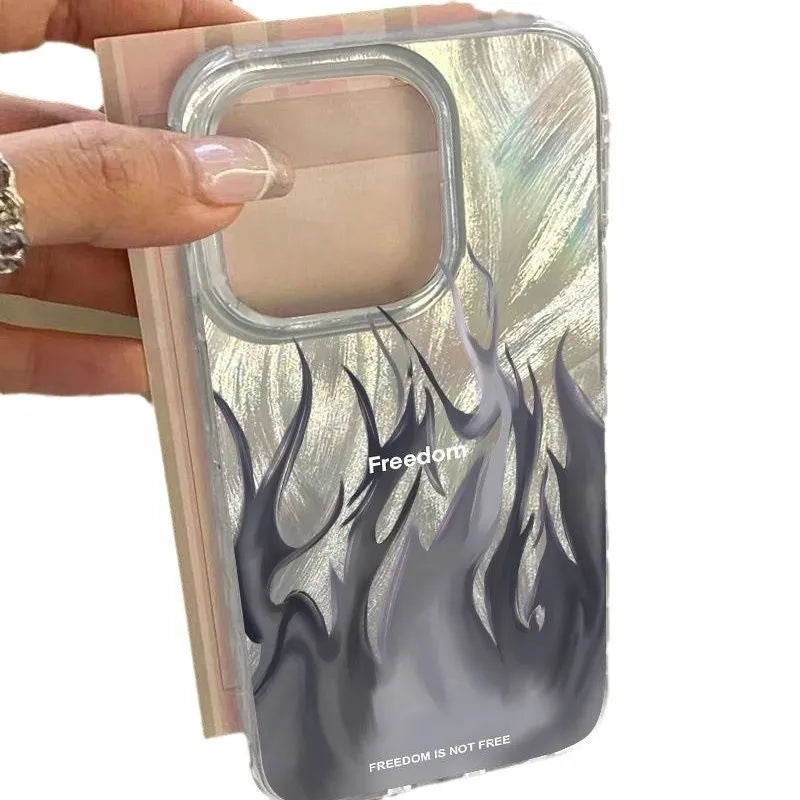 iPhone silicone phone case with blue flame design showing all-inclusive protection
