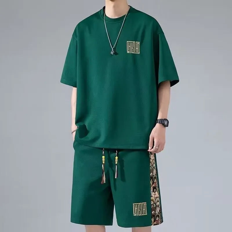 Waffle embroidery short sleeve two-piece set in apricot with matching shorts