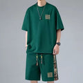 Waffle embroidery short sleeve two-piece set in apricot with matching shorts