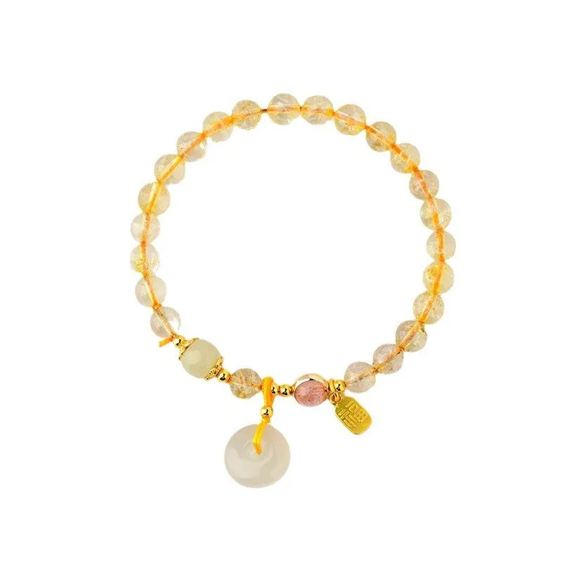 Gold rutilated quartz bracelet with safety buckle and geometric pendant in national style